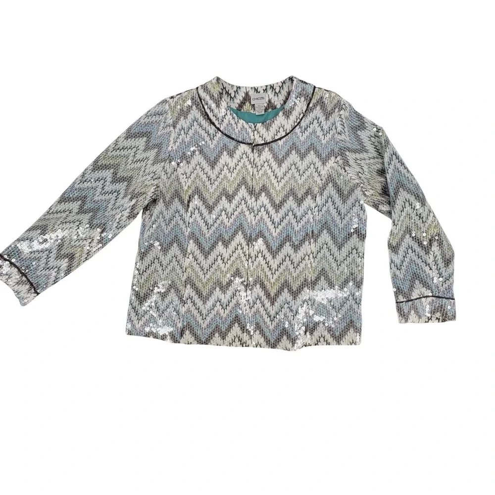 Chicos Sequin Chevron Zigzag Jacket Blue Green Metallic Hook Eye‎ Size 3 XL